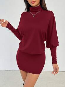 SHEIN PETITE Đầm ngắn ôm sát cơ thể cổ cao tay cánh dơi hở lưng thời trang dành cho nữ, đầm hở lưng màu đỏ tía. - Màu Đỏ Sâu - Xem 8