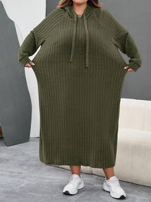 SHEIN CURVE+ 大码女式罗纹长袖连帽宽松连衣裙 - 軍綠色 - 查看 4