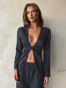 Aloruh Conjunto minimalista feminino listrado com decote em V profundo e mangas compridas + calça pantalona comprida, ideal para o dia a dia. Conjunto casual para mulheres. - Azul marinho - Ver 6