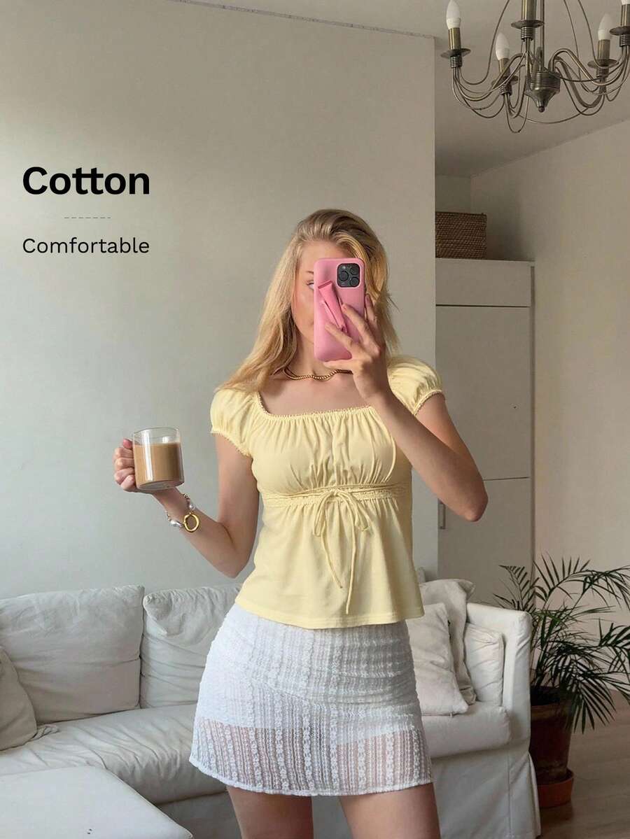 CovetEZ Women's Square Neck Casual Versatile Short Sleeve T-Shirt, Summer Yellow Top - Yellow - View 1