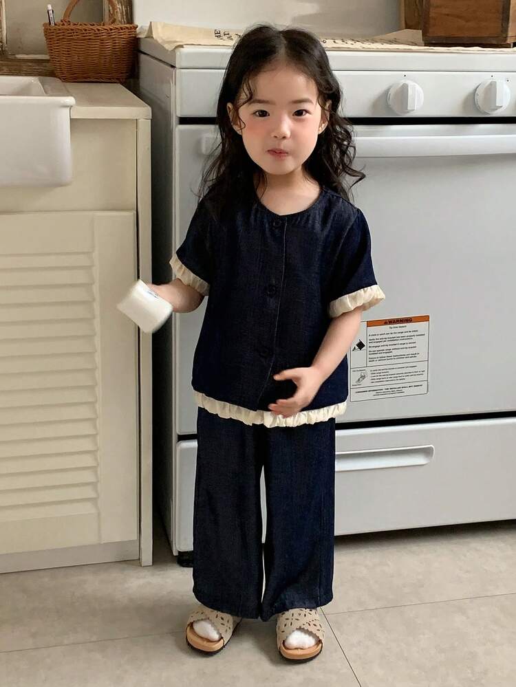 2pcs Baby Girls Korean Style Patchwork Denim Look Round Neck Short Sleeve Shirt And Straight Leg Pants Set Spring Summer Toddler Girls Clothes