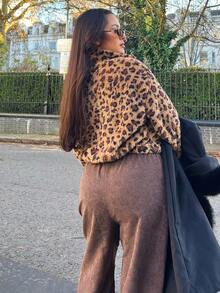 NegzBox 1pc Women's High Collar Zipper Long Sleeve Leopard Fluffy Pullover Sweatshirt,Long Sleeve Tops In Fall/Winter - Multicolor - View 2