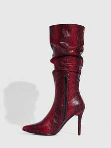 CUCCOO SZL Women's Fashion Pointed Toe Snake Skin Pattern Knee-High Boots - Burgundy - View 4