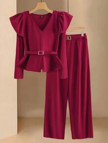 GlowEve 2pcs Women Elegant Solid Color V-Neck Metal Chain Ruffle Hem Long Sleeve Top And Straight Leg Pants Set - Red - View 1