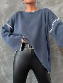 Women's Casual Drop Shoulder Long Sleeve Sweater, Autumn/Winter - Dusty Blue - View 3