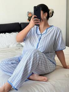Dream Adore Conjunto de pijama de cárdigan corto y largo a rayas para mujer de talla grande, conjunto de camisa casual de mezcla de algodón - Azul - Ver 6