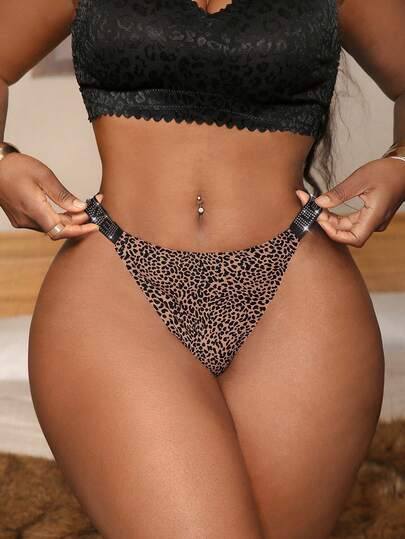 Bare Chapter Plusstorlek Dam Leopardtryck Strassdekor Patchwork Sexiga Bekväma Trosor