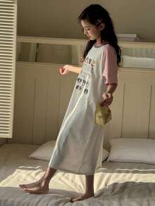 Dazy Kids 少女撞色印花短袖针织睡衣家居服 - 灰色 - 查看 4