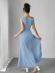 Modelyn Women's Solid Color Asymmetric Shoulder Pleated Fishtail Hem Elegant Dress ,Summer Dress,Spring Dresses For Women - Baby Blue - View 2