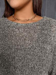 SHEIN Essnce 大码女装春秋季时尚休闲宽松舒适基础款日常灰色长袖露脐上衣和黑色马甲长裙两件套，春季服装，连衣裙套装，曲线套装 - 卡其色 - 查看 3