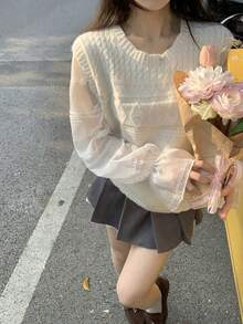 DAZY 女士圆领菱形图案长袖毛衣，秋冬款 - 米色 - 查看 1