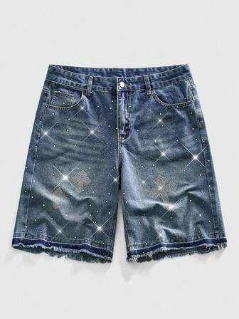 Street Life Short en jean décontracté et polyvalent pour hommes avec motif croix en strass et ourlet effiloché