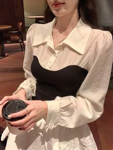 DAZY 女士翻领撞色长袖修身韩版衬衫 - 黑色 - 查看 3