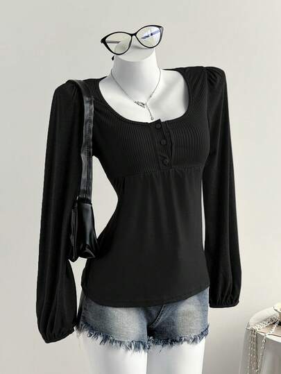 Comfortcana Women's Black Casual Y2K Patchwork Long Sleeve Button T-Shirt, Versatile For Spring, Thanksgiving, New Year Women Long Sleeve Tops Women Tops Elegant Cute Black Tops Long Sleeve Black Top