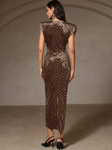 Revavyn Retro Polka Dot Elegant Exaggerated Shoulder Pad Cap Sleeve Round Neck Sexy Hollow Metal Button Design Waist Fitted Dress For Women - Coffee - View 4