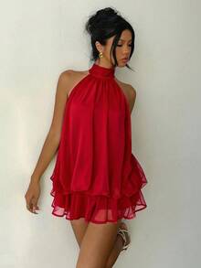 Aloruh 女士优雅红色情人节露背系带迷你连衣裙 - 紅色 - 查看 7