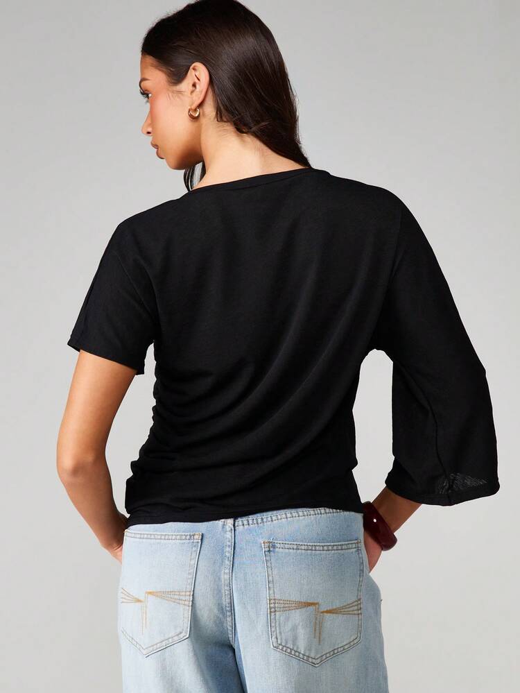 MISSGUIDED Asymmetric One Shoulder Black T-Shirt With Short And Long Sleeves For Casual Everyday Wear