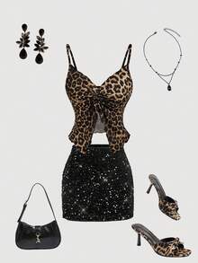 SHEIN MOD 女士四件套豹纹、黑白休闲日常吊带背心，复古，70年代风格，派对上衣，怀旧风格，豹纹，猎豹纹，吊带背心，动物纹泳衣 - 彩色 - 查看 3