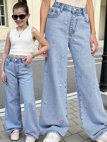 SHEIN 少女牛仔裤，新款时尚雪花水洗做旧刺绣阔腿牛仔裤，爱心刺绣彩色可爱刺绣阔腿裤，女童宽松阔腿牛仔裤，浅蓝色，适合圣诞节、新年、情人节、日常穿着、上学穿着，薰衣草色舒适可爱紫色少女美学