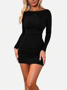 INAWLY Women Solid Color Round Neck Long Sleeve Casual Short Dress Fall Cloth For Women - Black - View 3
