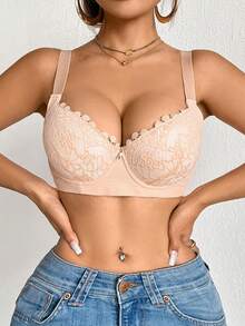 DesireSculpt 1件装女士蕾丝拼接提拉支撑休闲文胸，性感 - 杏色 - 查看 8