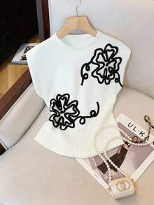 Franclia Women's Casual Colorblock Round Neck Sweater, Elegant Floral Pattern Knit Short Sleeve Top, Daily Commute Layering Pullover, Suitable For Spring, Autumn And Winter