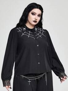 ROMWE Goth 深色哥特式蜘蛛网刺绣大码衬衫 - 黑色 - 查看 6