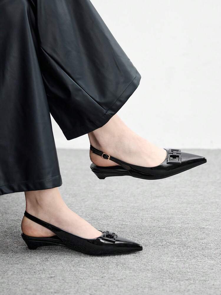 CUCCOO BIZCHIC Women's Pointed Toe Low Heel Black Simple Elegant Versatile Slingback Shoes, New Low Vamp Commuting Flat Shoes With Heel Strap, Suitable For Work Office, Spring/Autumn Valentine's Day
