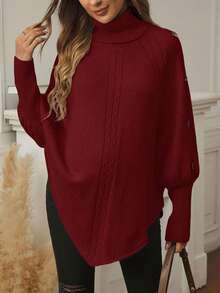 SHEIN 孕妇休闲纯色高领斗篷毛衣，秋冬季 - 酒紅色 - 查看 5