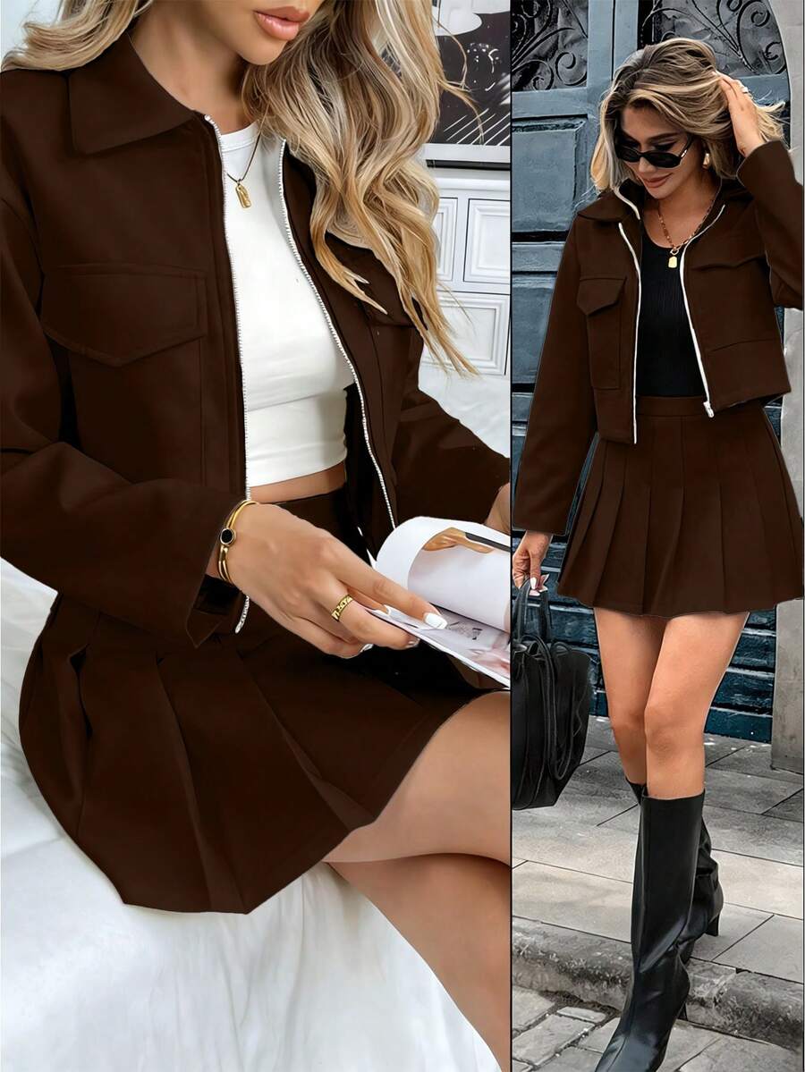 Pariaura 2pcs Grey Woolen Set, Cropped Top + Pleated Skirt, Autumn/Winter, Collegiate Girl, Youthful, Retro Korean, Utility Style - Brown - View 1