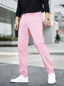 Manfinity Homme 大码男士纯色休闲牛仔裤，带口袋 - 粉色 - 查看 5