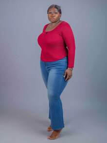 CurvyTilda Plus Size Casual Scoop Neck Long Sleeve Ruched Waist Top, Fall Top For Women, For Hourglass Body Shape