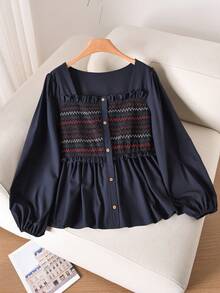 CosyJoli Áo kiểu dáng chữ A tay phồng, phối màu, xếp ly, cỡ lớn, phong cách thường ngày. - Màu xanh hải quân - Xem 3