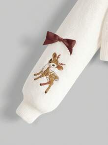 ROMWE Kawaii Cute Countryside Deer Embroidery Bow Contrast Color V-Neck Short Cardigan - Beige - View 4