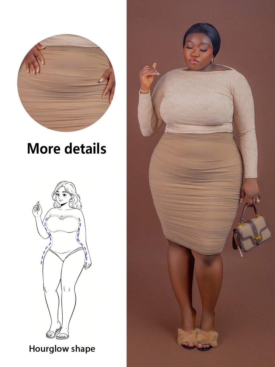 CurvyTilda Chân váy bút chì lưới nhún cạp cao Plus - Màu Khaki - Xem 1