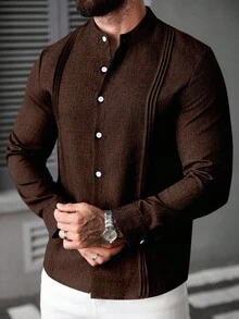 Manfinity CasualCool 男士纯色长袖单排扣休闲/商务褶皱衬衫 男士休闲长袖衬衫 深棕色衬衫 男士奢华衬衫 男士立领衬衫 复古风格，日常休闲，周末旅行，户外活动，探险旅行，轻松的工作环境或半正式场合，男友/丈夫礼物，周年纪念/生日礼物，派对，暑假，新年，婚礼，情人节，棕色长袖衬衫，立领衬衫，街头服饰男士 - 鏽棕色 - 查看 5