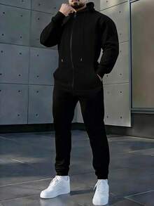 Manfinity Homme 男士休闲日常通勤纯色拉链抽绳连帽连体裤，春秋季男士运动服，男士慢跑服，男士连体裤，男士复古风，适合日常休闲、周末旅行、户外活动、探险旅行、轻松的工作环境或半正式场合，可作为男友/丈夫礼物、周年纪念/生日礼物、派对礼物、圣诞节礼物、新年礼物。 - 黑色 - 查看 7