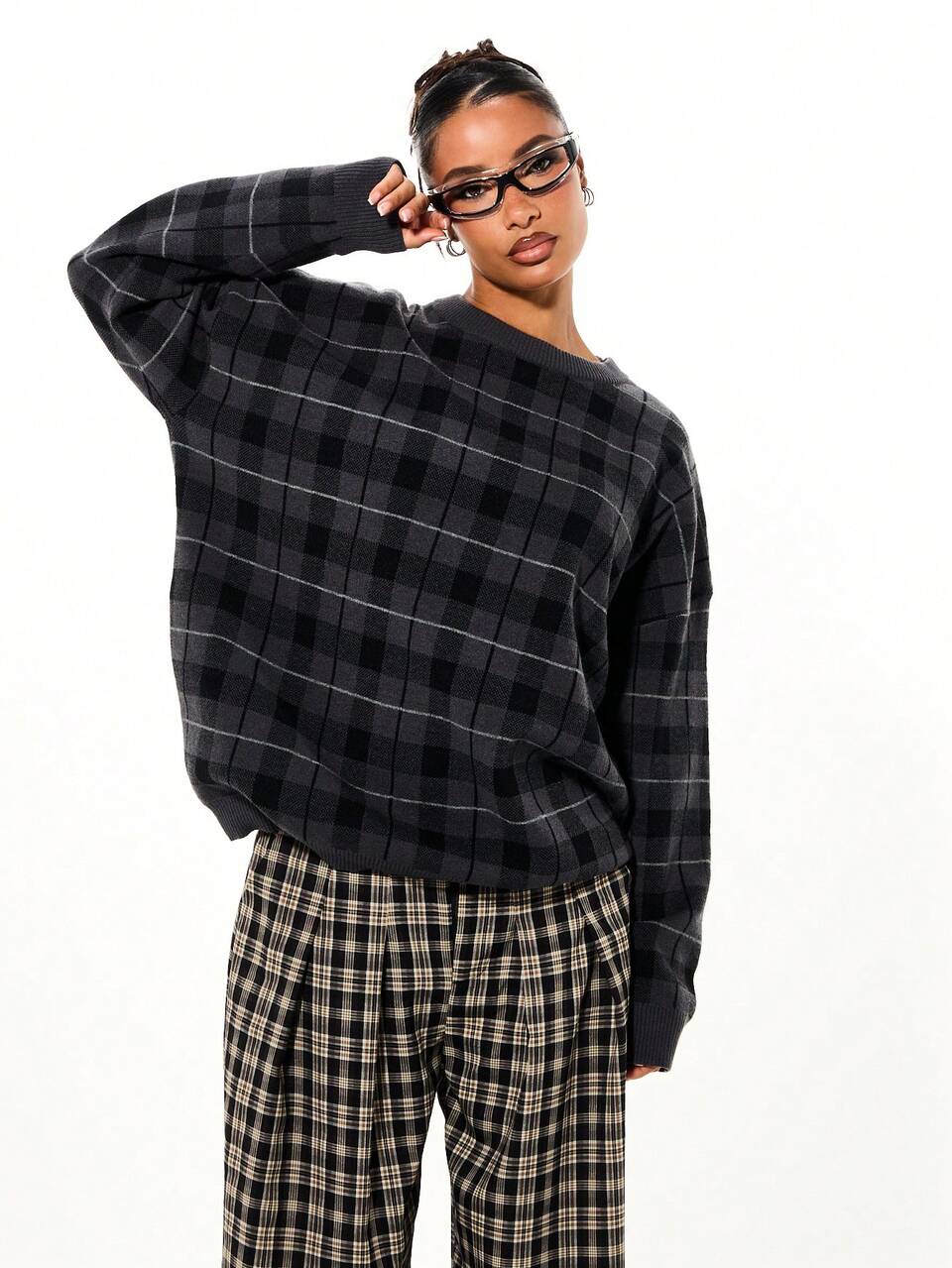 SUMWON Suéter de Tricô de Gola Redonda de Manga Longa com Estampa Xadrez Tonal Oversized, Essencial Casual para Outono e Inverno