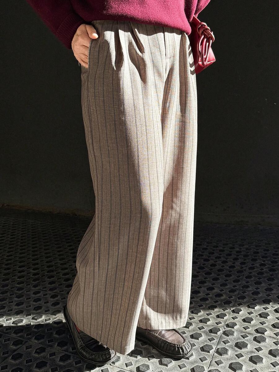 Vivie Lora 女士条纹口袋休闲百搭通勤阔腿裤 - 杏色 - 查看 1