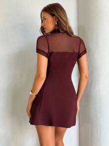 Aloruh 女士优雅高领修身短袖纯色酒红色迷你连衣裙 - 酒紅色 - 查看 5