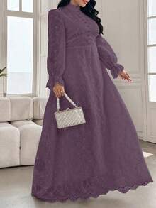Modelyn Plus Size Women French Style Mandarin Collar Embroidered Puff Sleeve Dress Fall - Purple - View 4