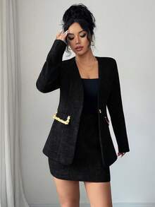 Elenzga 2025秋冬新款女士时尚优雅亮片装饰红色粗花呢套装两件套 - 黑色 - 查看 6