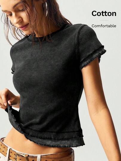 Bohemela Summer BOHO Contrast Color Knit Patchwork Round Neck Short Sleeve Slim Fit Washed Women T-Shirt Grey Tops For Women Gray Top Distressed Top