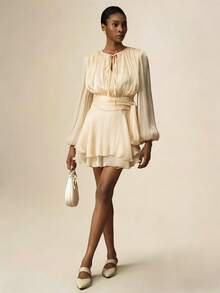 Vesra Abito elegante mini da donna con maniche lunghe, vita annodata e balze sul fondo, colore albicocca - Albicocca - Visualizzare 3