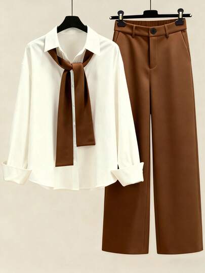 Franclia Korean Elegant Casual 2 Pieces Set: Beige Shawl Collar Shirt + Caramel Wide Leg Pants, Relaxed Style Flattering Outfit For Work & Daily Wear