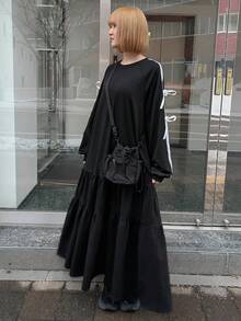 FRIFUL Women's Round Neck Contrast Color Ribbon Bow Decor Patchwork A-Line Long Casual Street Dress - Black - View 5