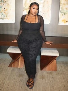 Hourglow Plus Size Women Solid Color Mesh Patchwork Long Sleeve Ruched Fitted Halter Top/Autumn /Winter - Black - View 5