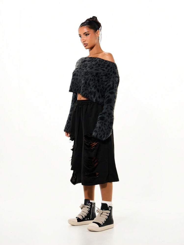 SUMWON WOMEN Off Shoulder Leopard Print Oversized Sweater