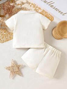 SHEIN Newborn Baby Boy Short Sleeve Geometric Pattern Set,Gold Summer Wedding Guest Party Wear Baptism Outfits,Designer Church Clothes Casual Outfit - Multicolor - View 2