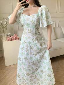 Modelyn Elegant Floral Print & Embroidery Dress, Romantic Holiday Wear - Pastel Green - View 1